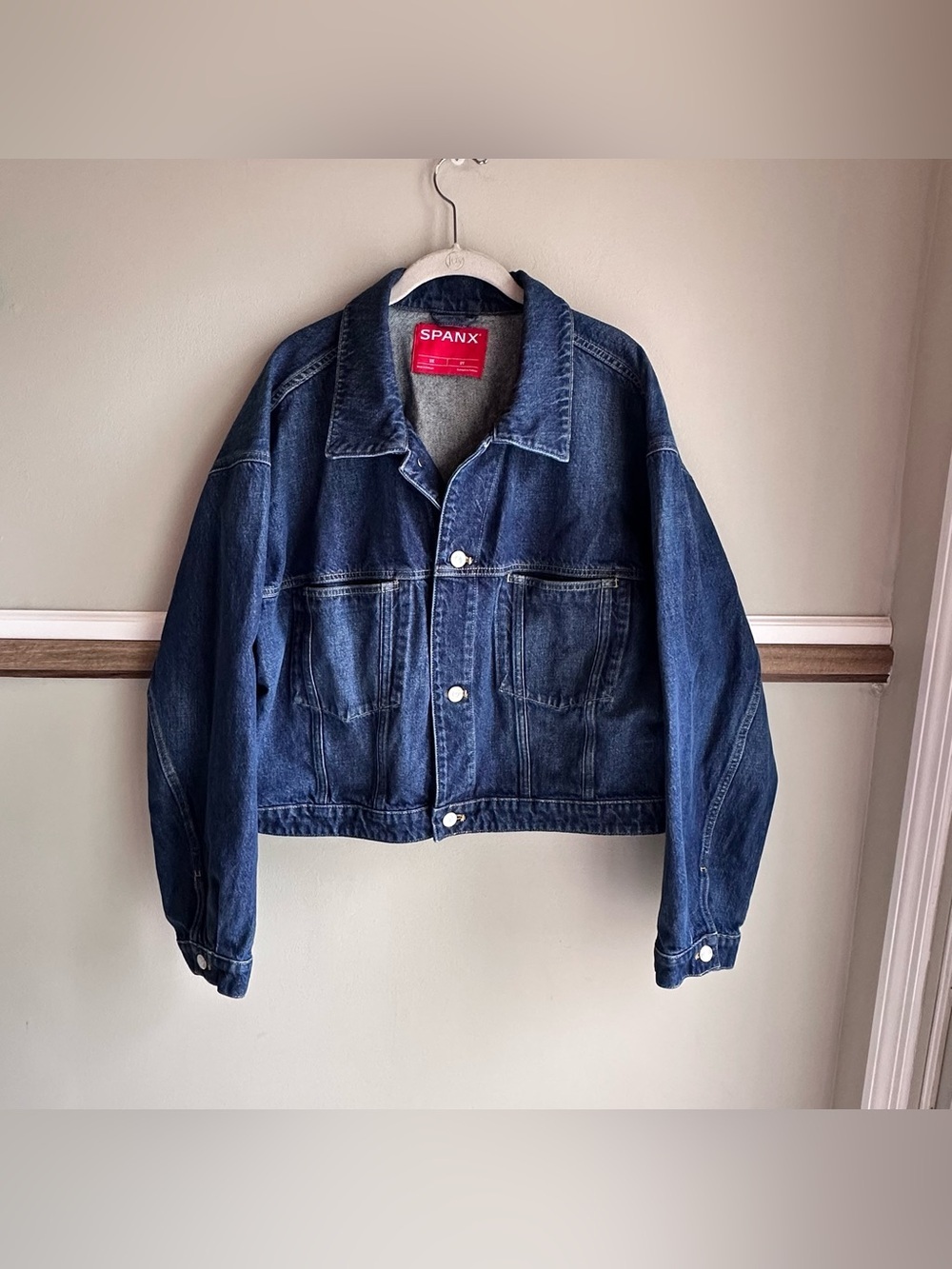 SPANX Denim Jean Jacket Long Sleeves Cotton Cropped Percy Wash Blue​